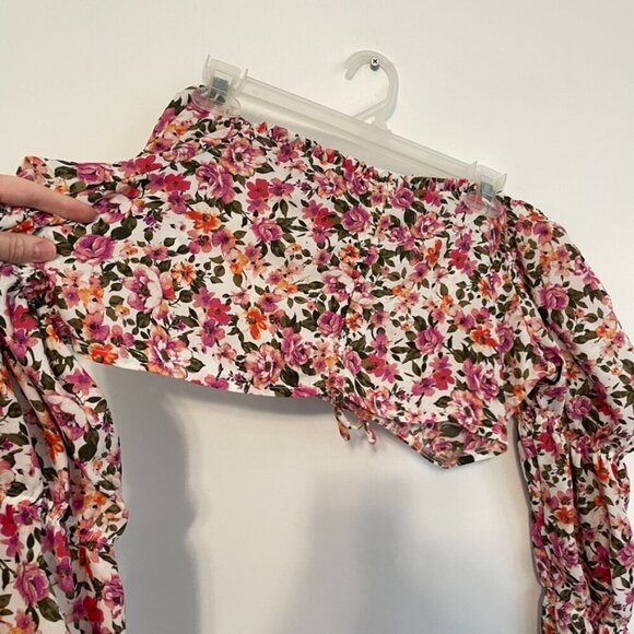 ALMOST FAMOUS Cream Ivory Pink Floral Off the Shoulder Long Bell Sleeve Crop Top - Picture 7 of 12